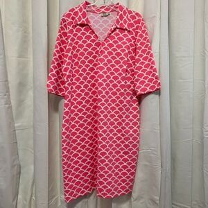 Katherine Way Nola Midi Dress Pink White Scallop Print 3/4 Sleeve Size XL